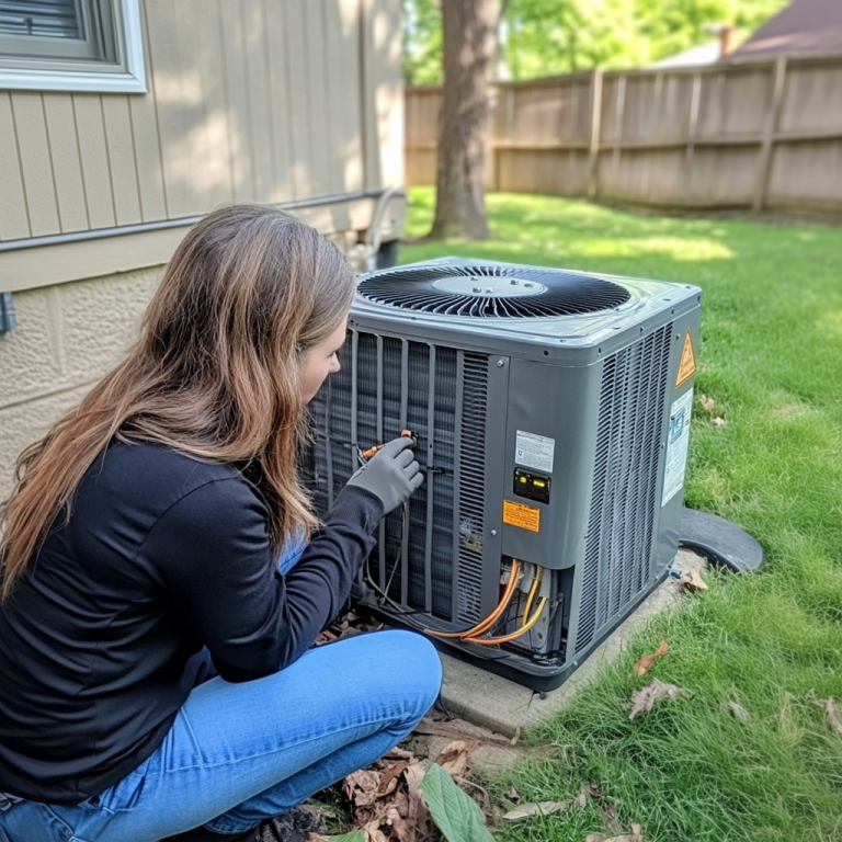 Woman repairing an outdoor air conditioning condenser unit
