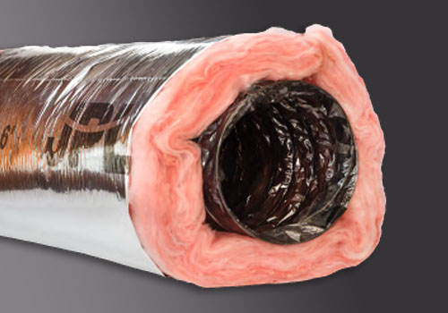 JPL R-8 insulated flexible duct with silver foil-backed jacket, coiled and bagged for HVAC supply/return runs.