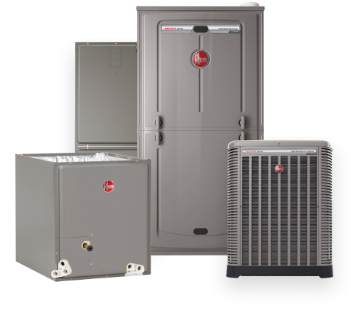 Sistema HVAC Rheem completo: condensador exterior, horno interior, serpentín evaporador y manejador de aire
