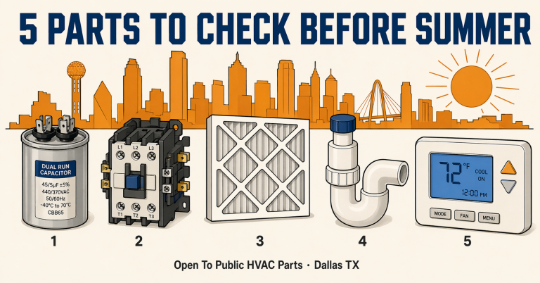5 HVAC parts to check before Dallas summer hits — capacitor, contactor, pleated air filter, condensate drain, and thermostat
