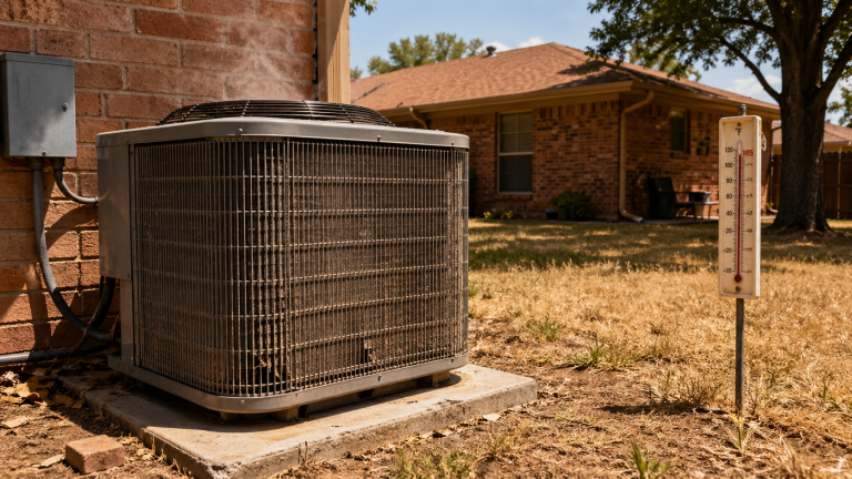Residential AC condenser unit in a DFW backyard on a 105-degree summer afternoon