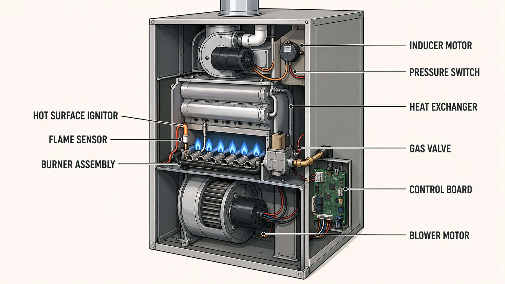 Diagrama de la anatomía de un calefactor de gas con componentes etiquetados: ignitor, sensor de flama, ensamble del quemador, intercambiador de calor, motor inducer, switch de presión, válvula de gas, control board, motor del blower