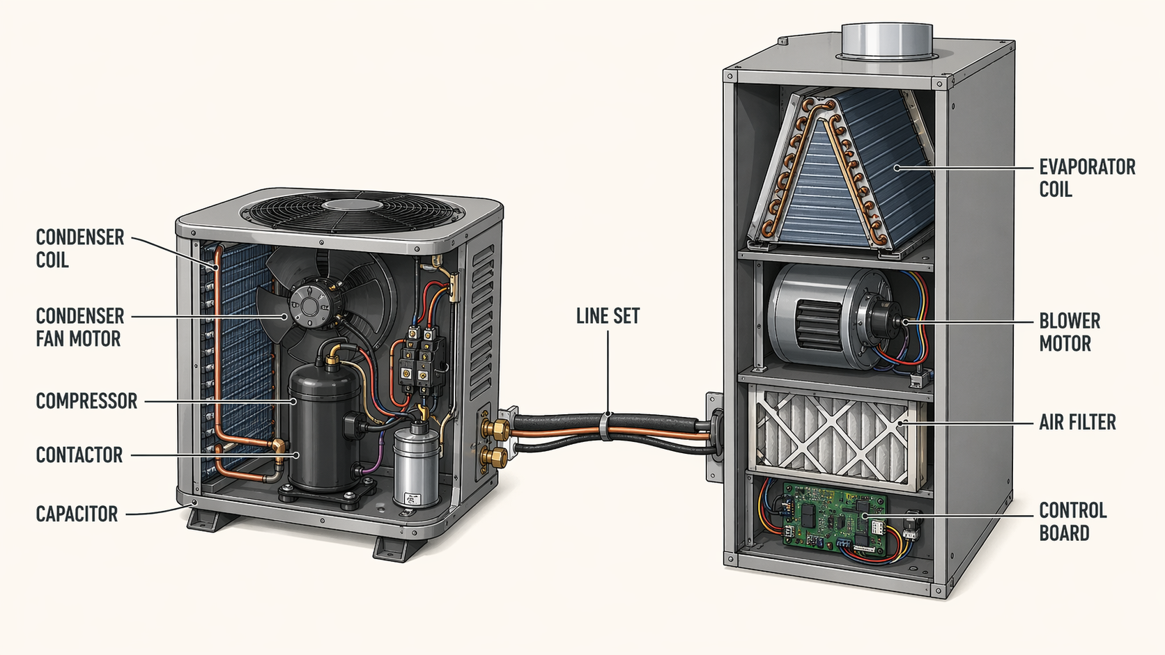 Diagrama del sistema de aire acondicionado split — componentes etiquetados de la unidad de condensador y manejador de aire