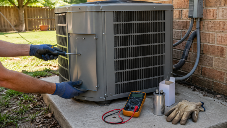 Homeowner working on outdoor AC condenser unit with multimeter, capacitor, and screwdriver for DIY repair