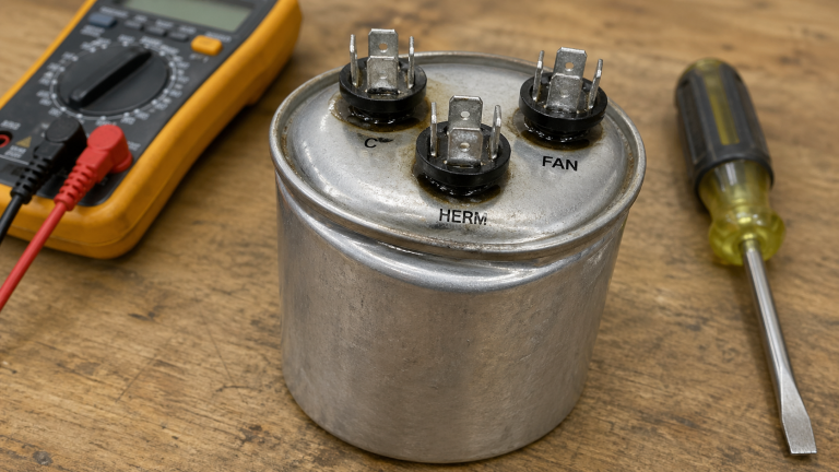Bulged dual-run HVAC capacitor on workbench next to a multimeter and screwdriver