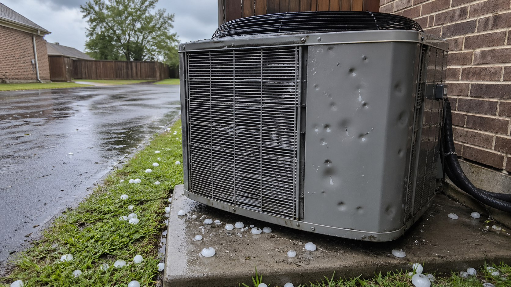 Texas hail damage on outdoor AC condenser unit with golf-ball-sized hailstones on the concrete pad