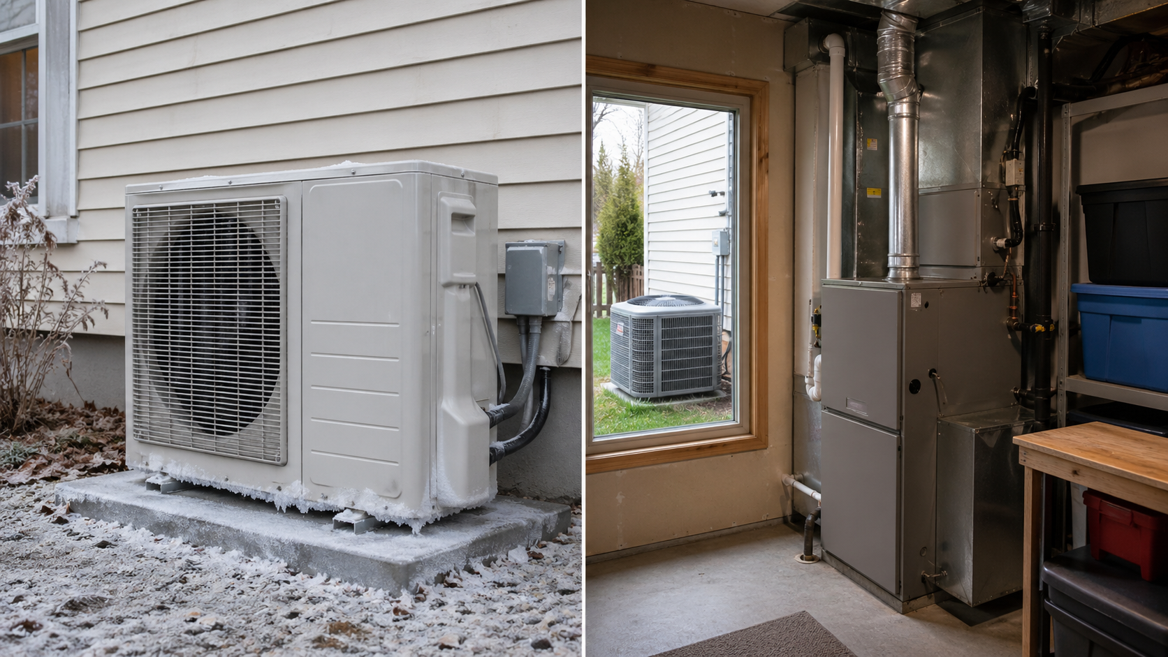 Side-by-side comparison of an outdoor heat pump unit and an indoor gas furnace setup for residential HVAC