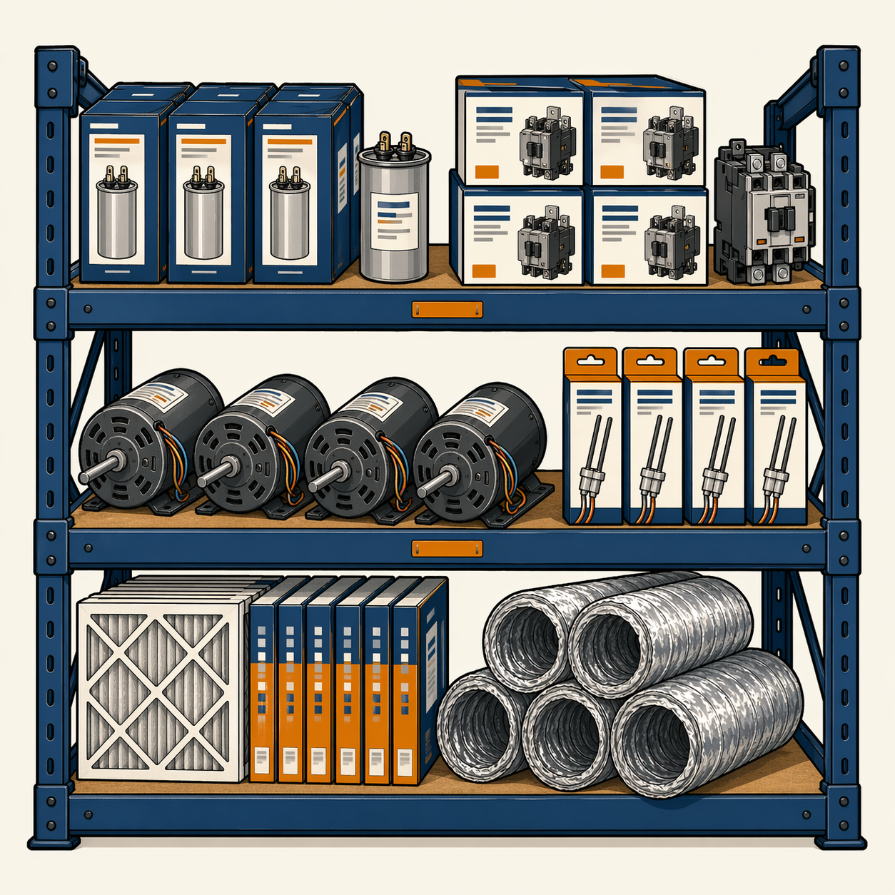 HVAC parts supply warehouse with installation essentials