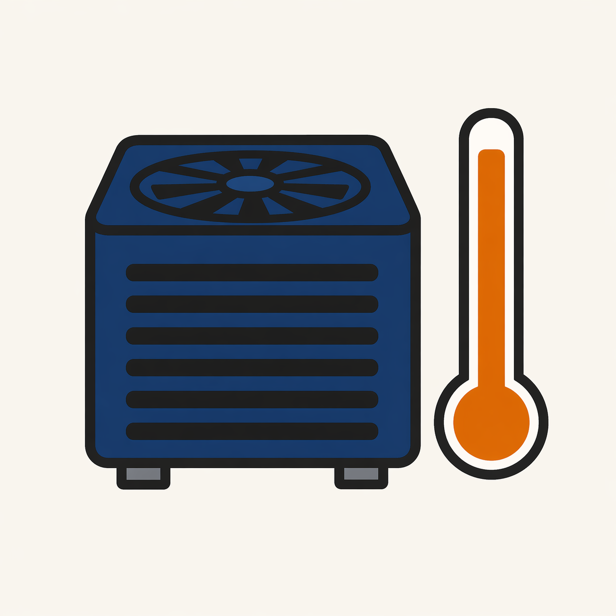 Diagnóstico de aire acondicionado que no enfría — unidad de condensador y termómetro indicando alta temperatura