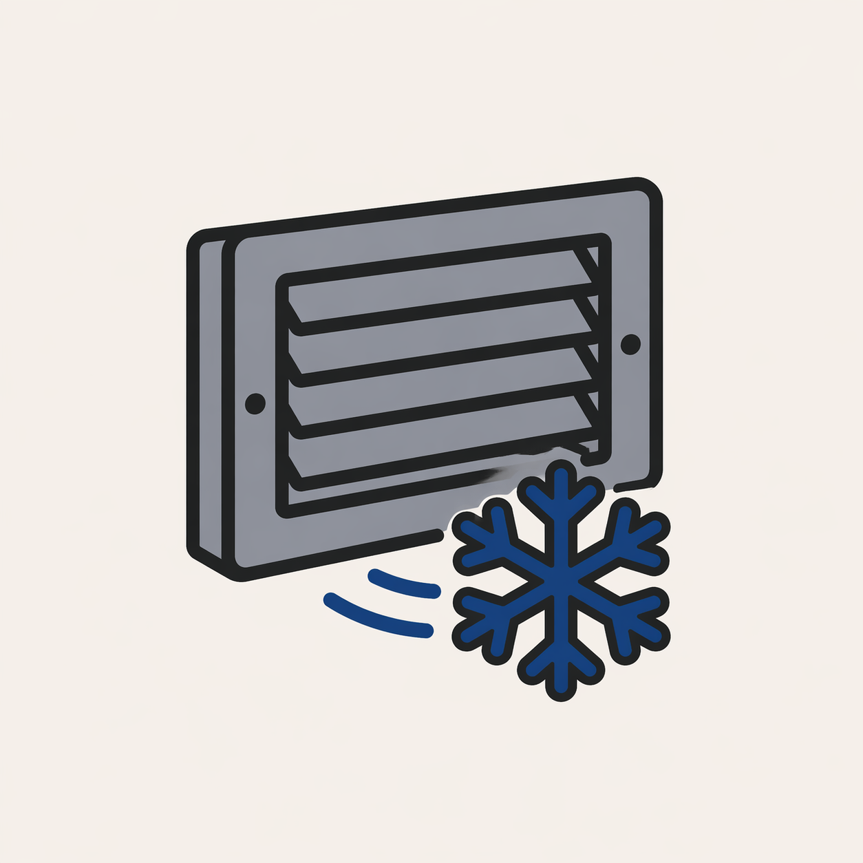 Calefactor saliendo aire frío — rejilla de suministro con copo de nieve indicando aire frío