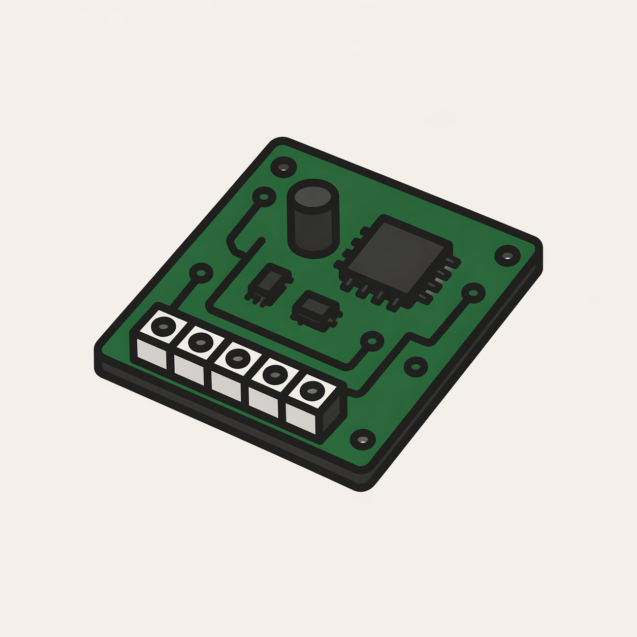 Tablero de control HVAC — placa PCB verde con tornillos de terminal para calefactor o aire acondicionado