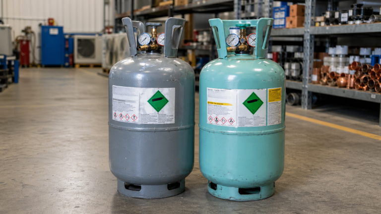Two HVAC refrigerant cylinders side by side - R-410A and R-454B for residential air conditioning systems