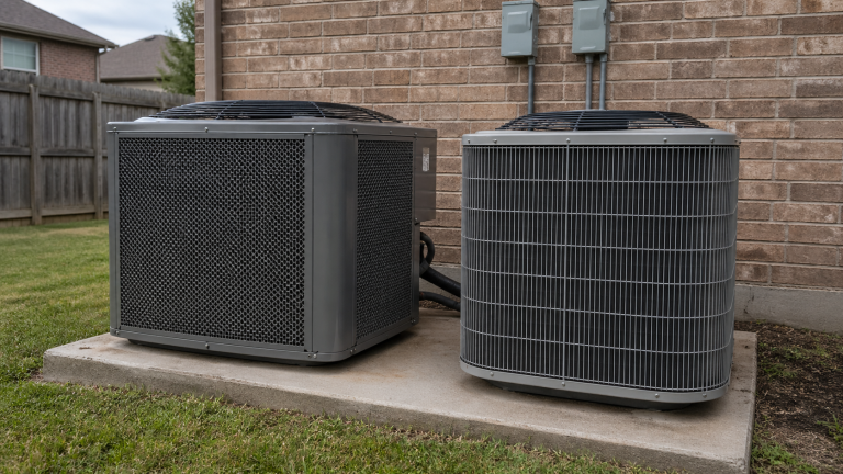 Two residential AC condenser units side by side comparing build quality - mesh hailguard versus wire grille