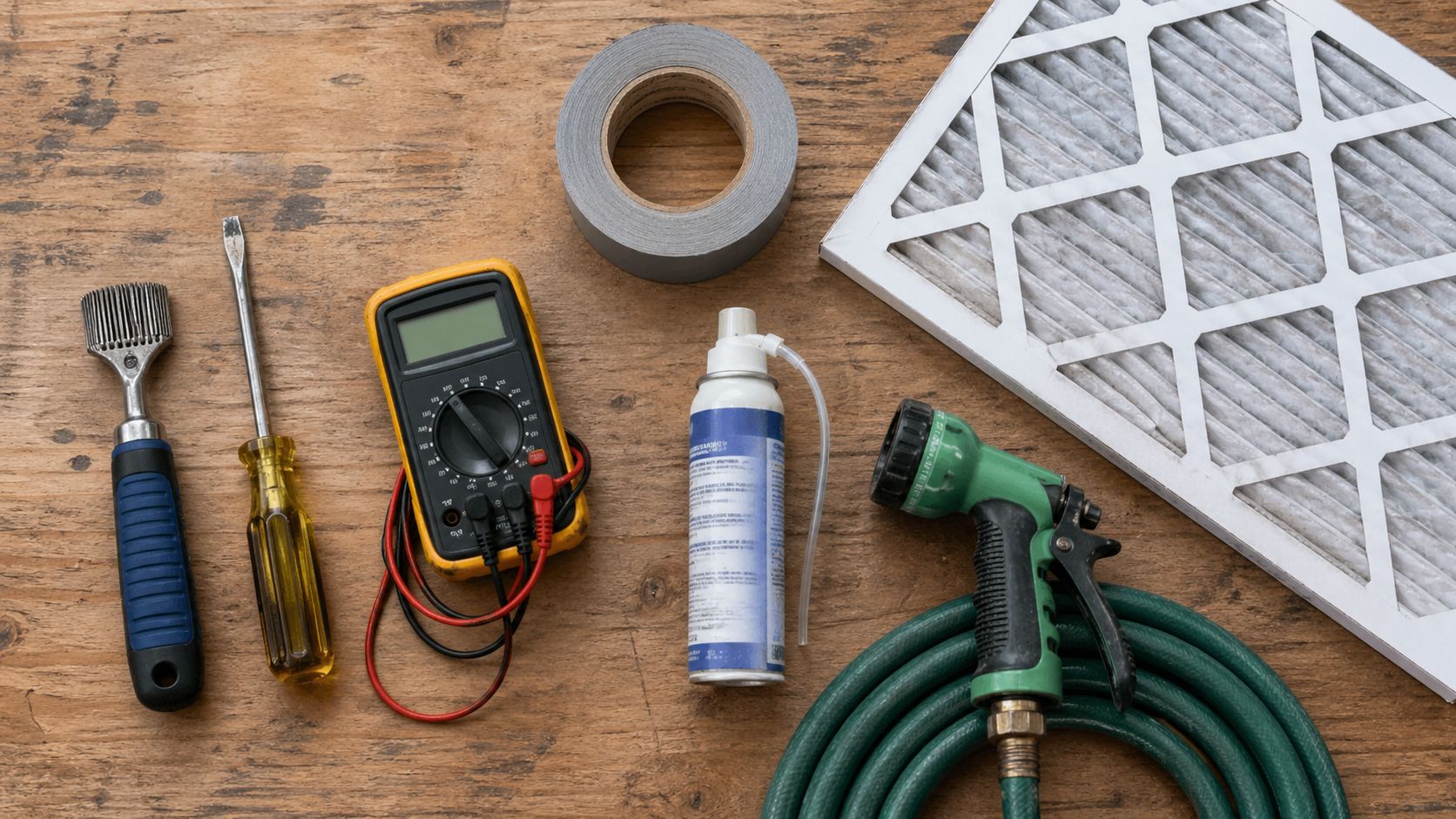HVAC DIY tune-up tools: fin comb, screwdriver, multimeter, foaming coil cleaner, pleated air filter, garden hose nozzle